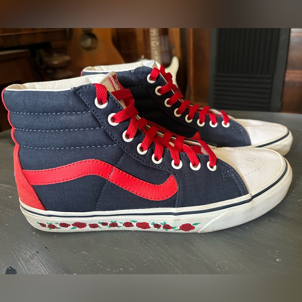 Vans Customs Old Skool Skate High-Top Sneakers in Navy and Red with Roses